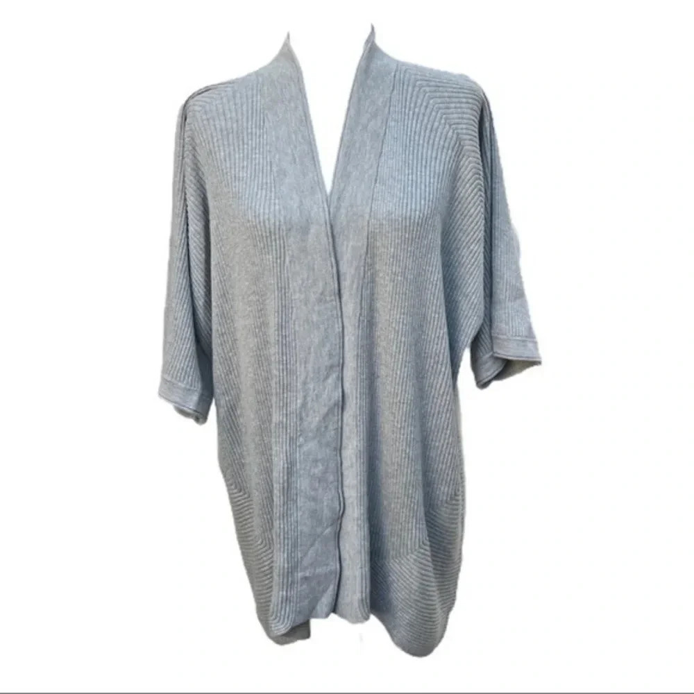 Chicos Open Front Cardigan 3/4 Sleeve Ribbed Sweater Navy Gray‎ Women’s 1 Size M